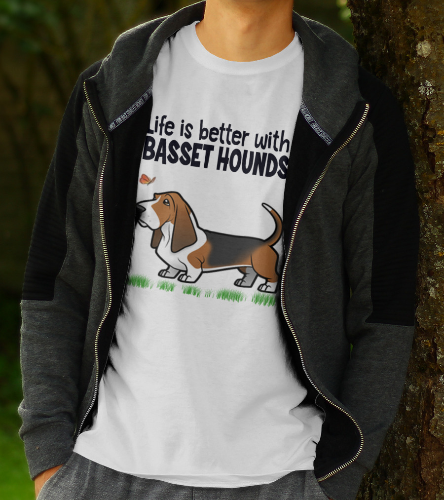 Life Is Better With Basset Hounds Butterfly And Dog Graphics On Grass T-Shirt