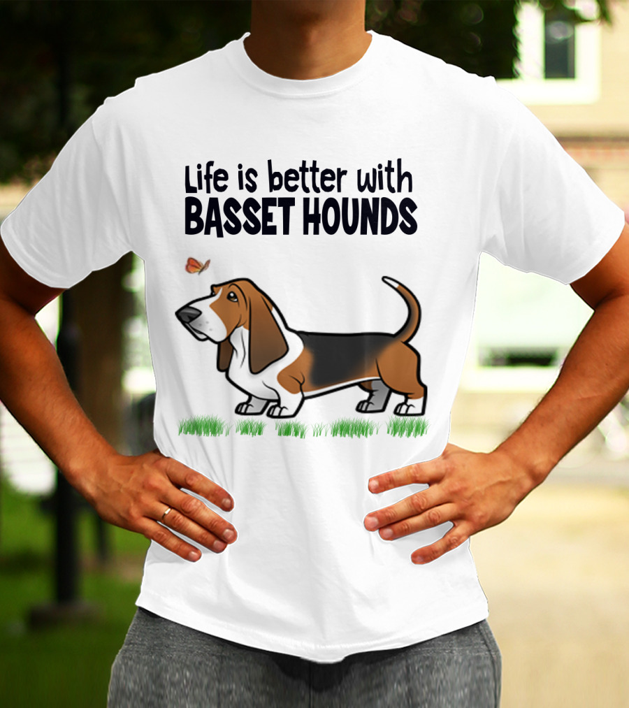 Life Is Better With Basset Hounds Butterfly And Dog Graphics On Grass T-Shirt