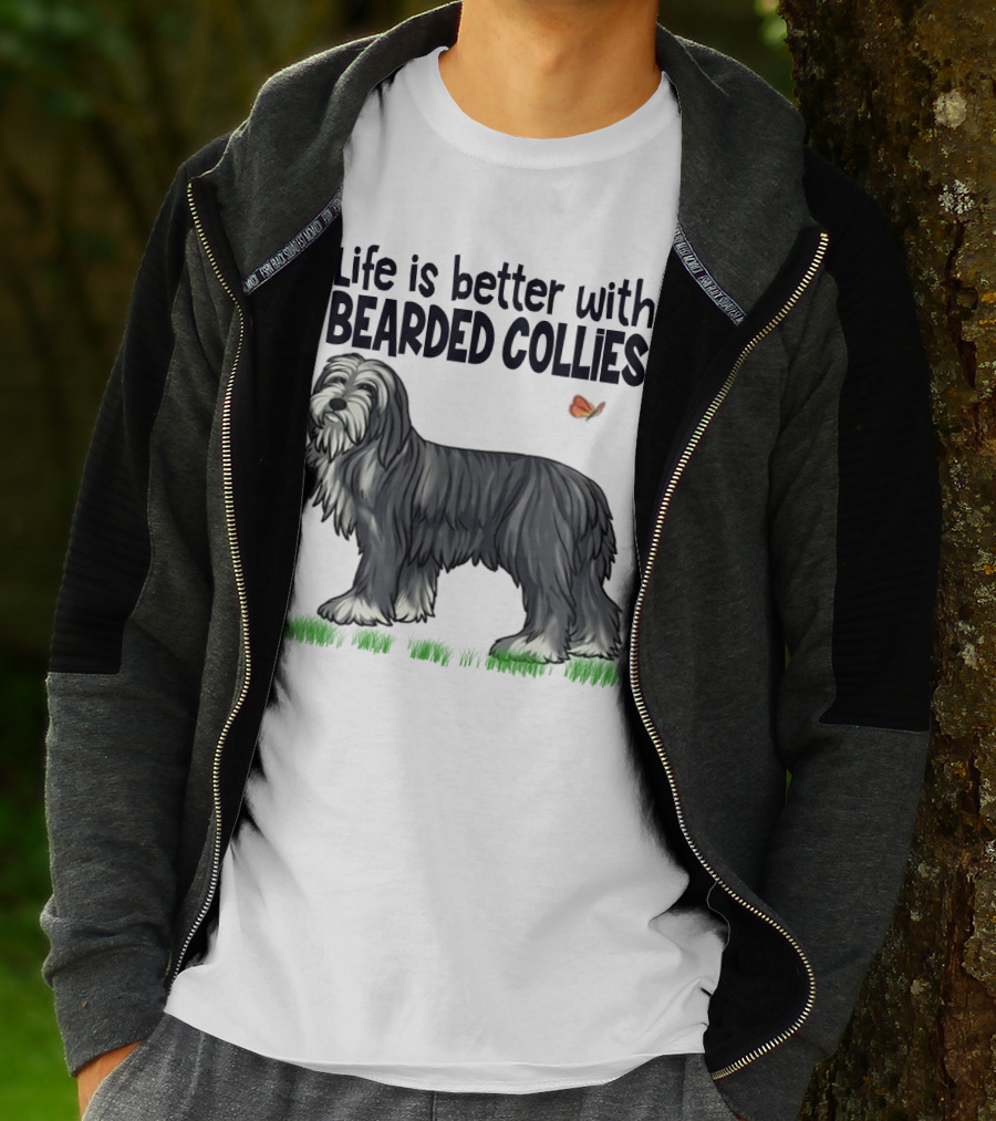 Life Is Better With Bearded Collies Illustration With Butterfly And Grass T-Shirt