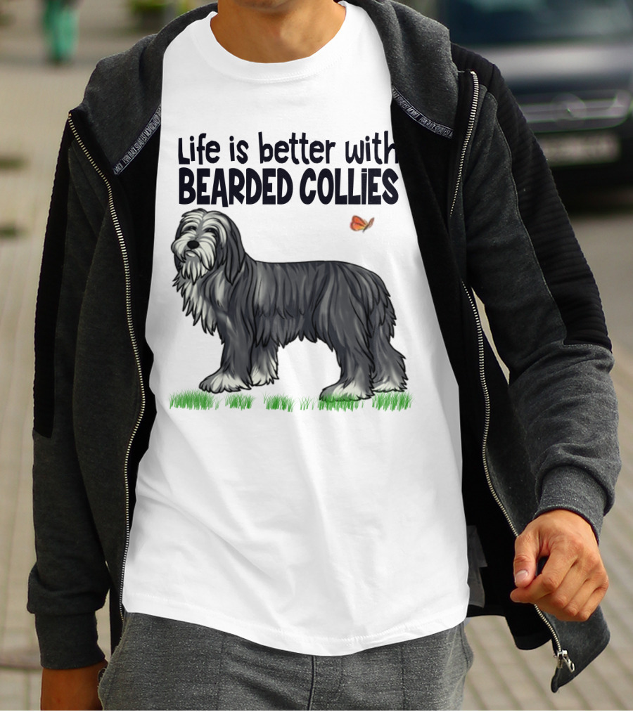 Life Is Better With Bearded Collies Illustration With Butterfly And Grass T-Shirt
