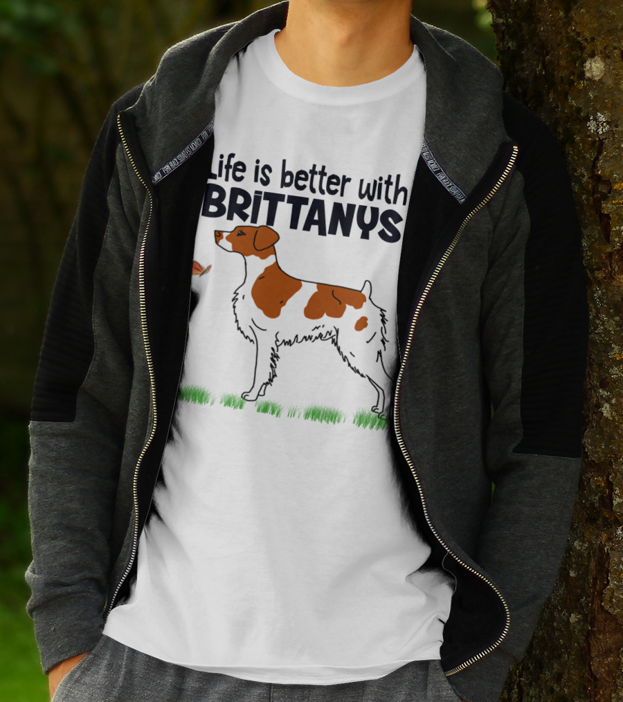 Life Is Better With Brittanys Illustrated By Dog And Butterfly On Grass T-Shirt