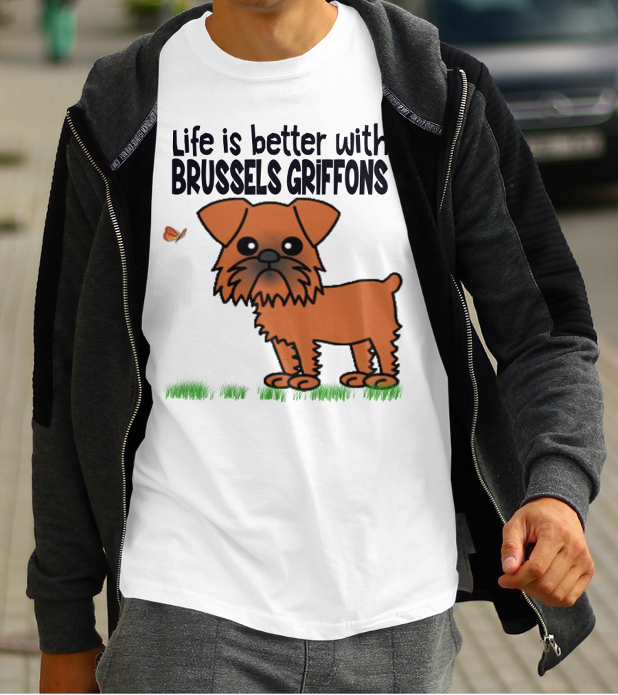 Life Is Better With Brussels Griffons Cartoon Dog And Butterfly T-Shirt