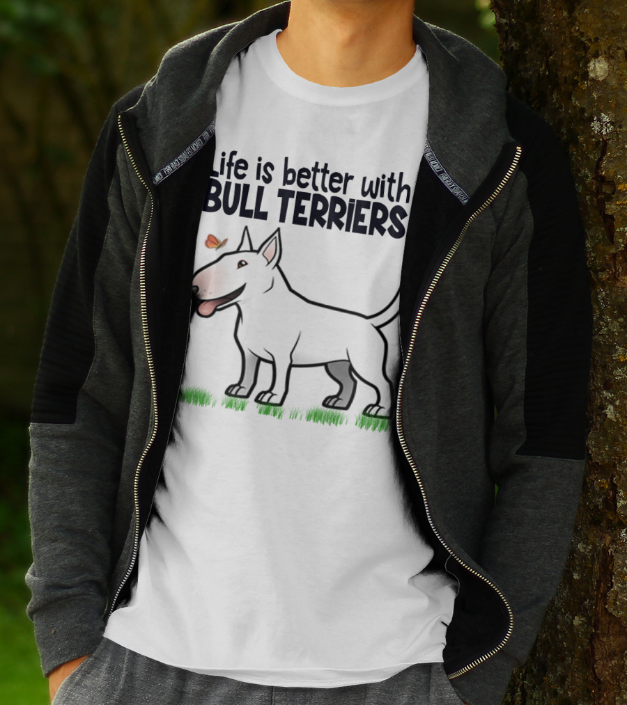 Life Is Better With Bull Terriers Playful Dog And Butterfly On Grass T-Shirt