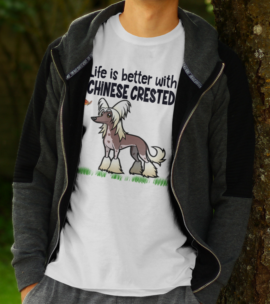 Life Is Better With Chinese Crested Dog Butterfly Grass Scene T-Shirt