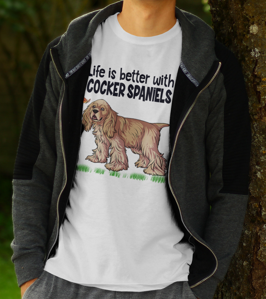 Life Is Better With Cocker Spaniels Butterfly And Grass Scene T-Shirt