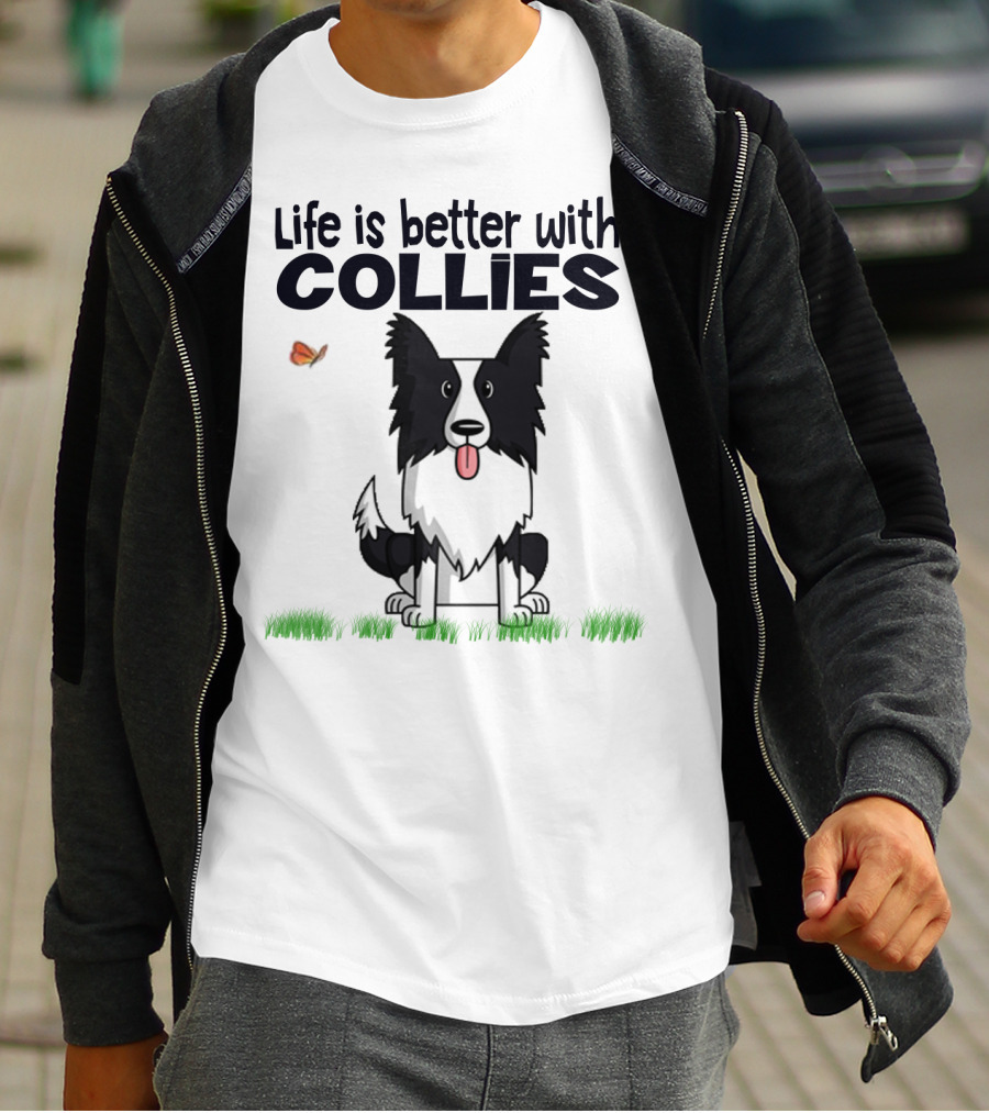 Life Is Better With Collies Cute Border Collie Illustration Butterfly And Grass T-Shirt