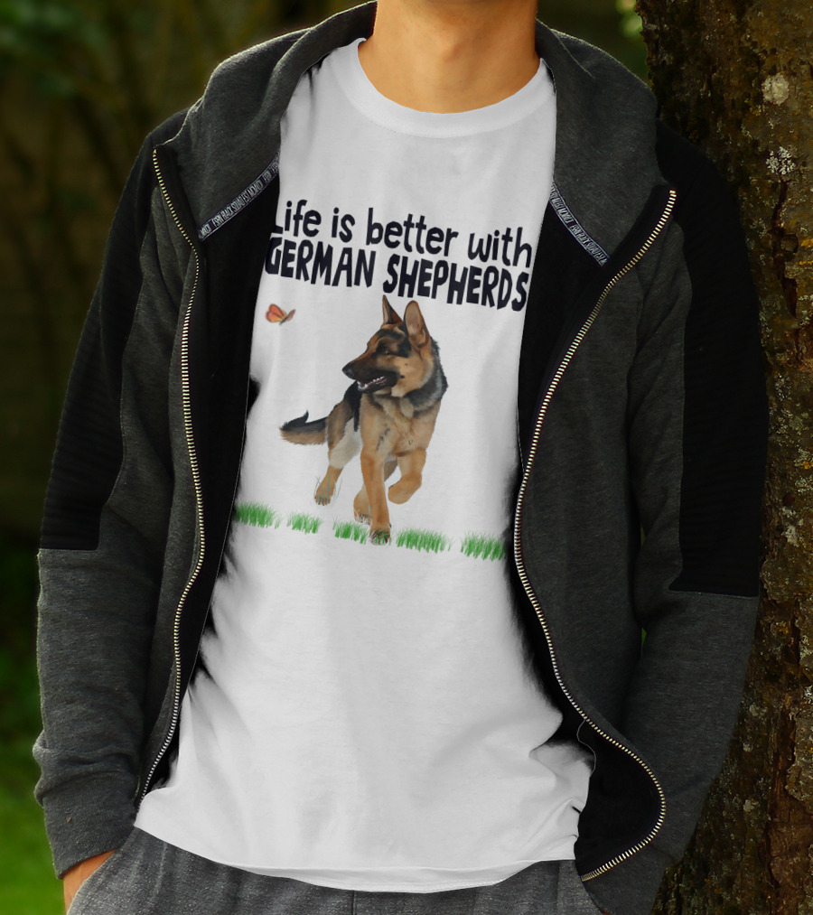 Life Is Better With German Shepherds And Butterflies In The Grass T-Shirt