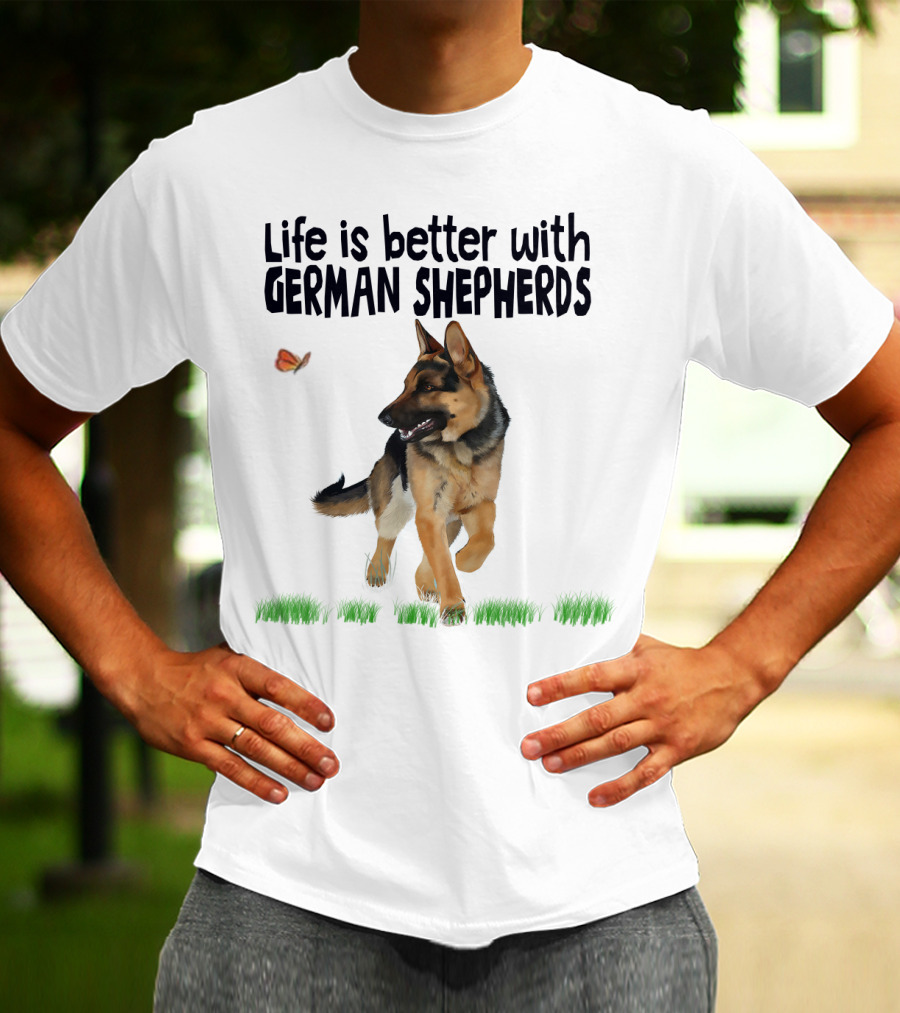 Life Is Better With German Shepherds And Butterflies In The Grass T-Shirt