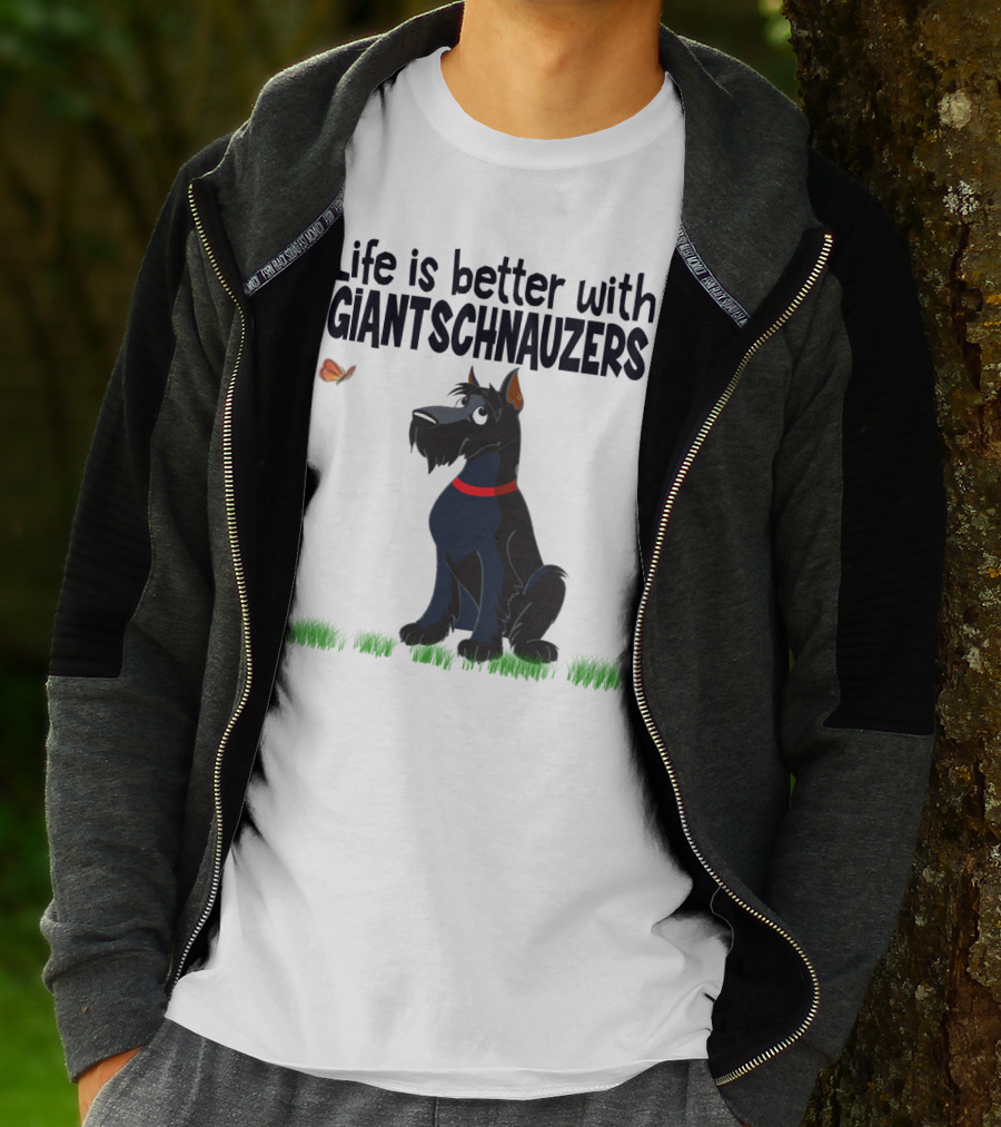 Life Is Better With Giant Schnauzers Playful Cartoon Dog And Butterfly In Grass T-Shirt