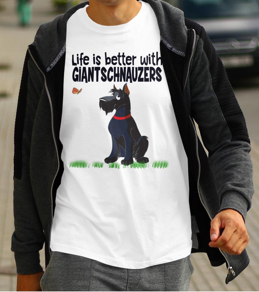 Life Is Better With Giant Schnauzers Playful Cartoon Dog And Butterfly In Grass T-Shirt