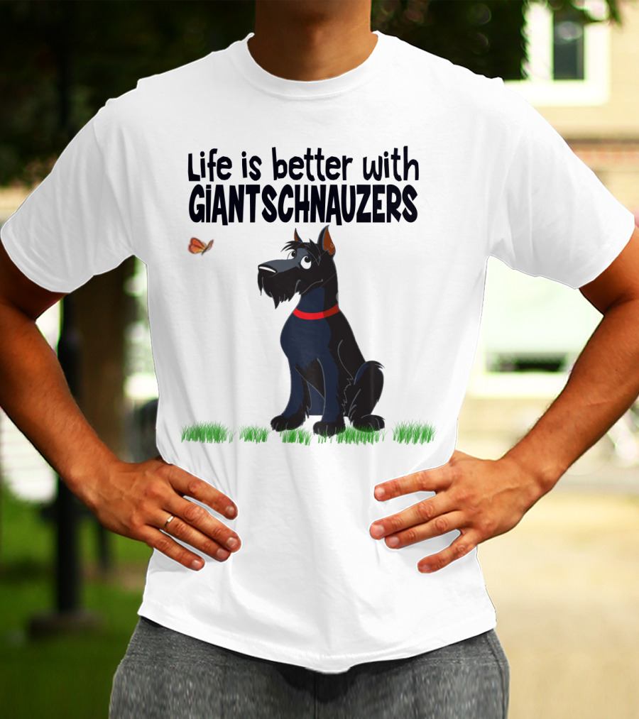 Life Is Better With Giant Schnauzers Playful Cartoon Dog And Butterfly In Grass T-Shirt
