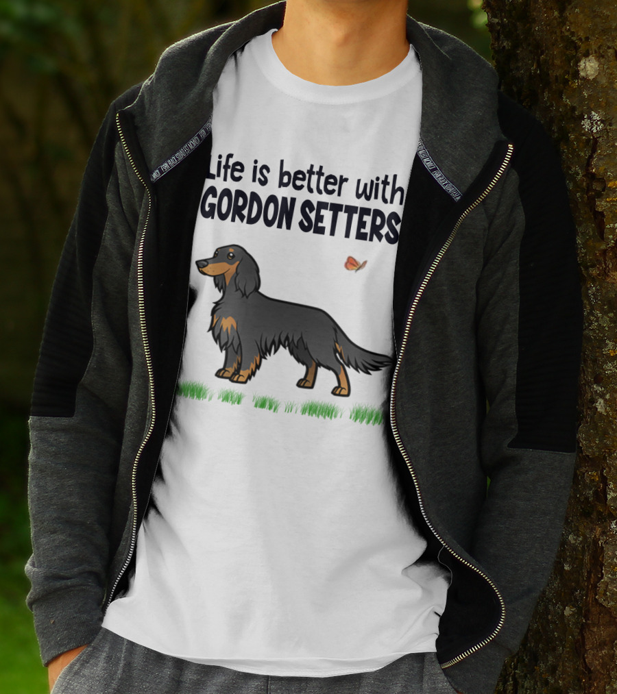 Life Is Better With Gordon Setters Charming Dog Illustration Featuring Butterfly And Grass T-Shirt
