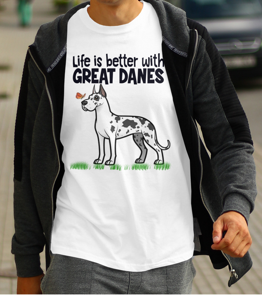 Life Is Better With Great Danes Illustrative Dog And Butterfly T-Shirt