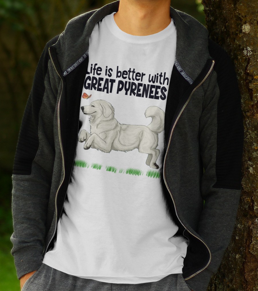 Life Is Better With Great Pyrenees Playful Dog And Butterfly T-Shirt