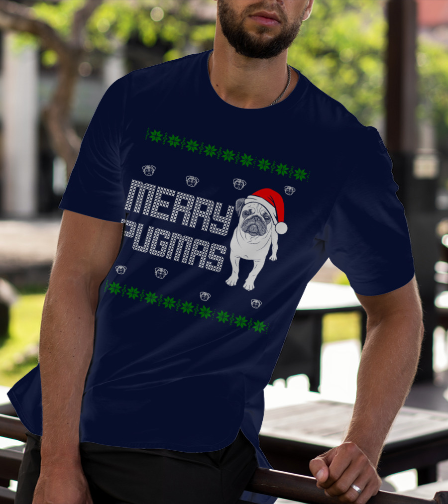 Merry Pugmas Festive Santa Hat Pug With Holiday Patterns And Green Poinsettias T-Shirt