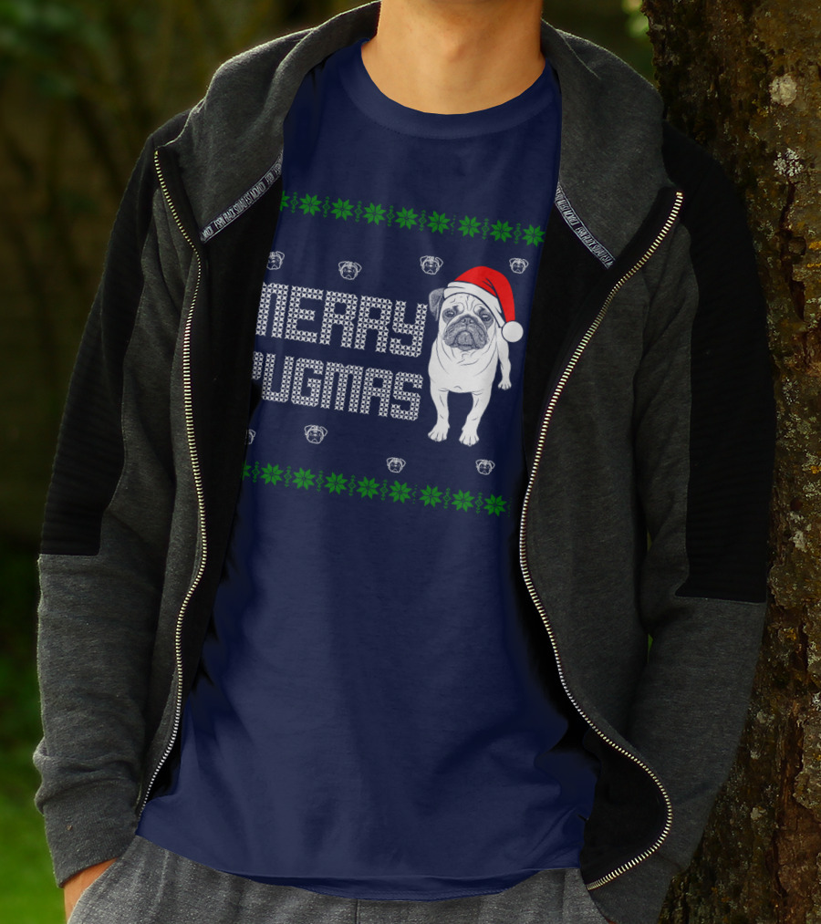 Merry Pugmas Festive Santa Hat Pug With Holiday Patterns And Green Poinsettias T-Shirt