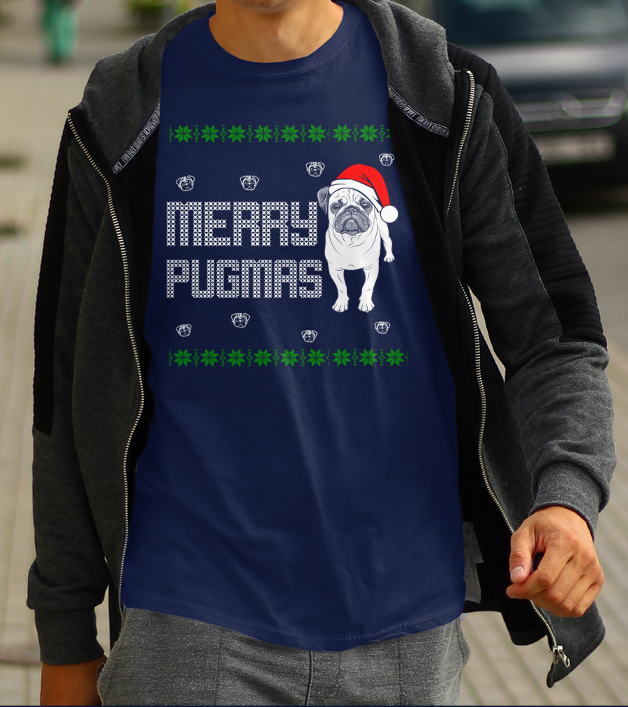 Merry Pugmas Festive Santa Hat Pug With Holiday Patterns And Green Poinsettias T-Shirt