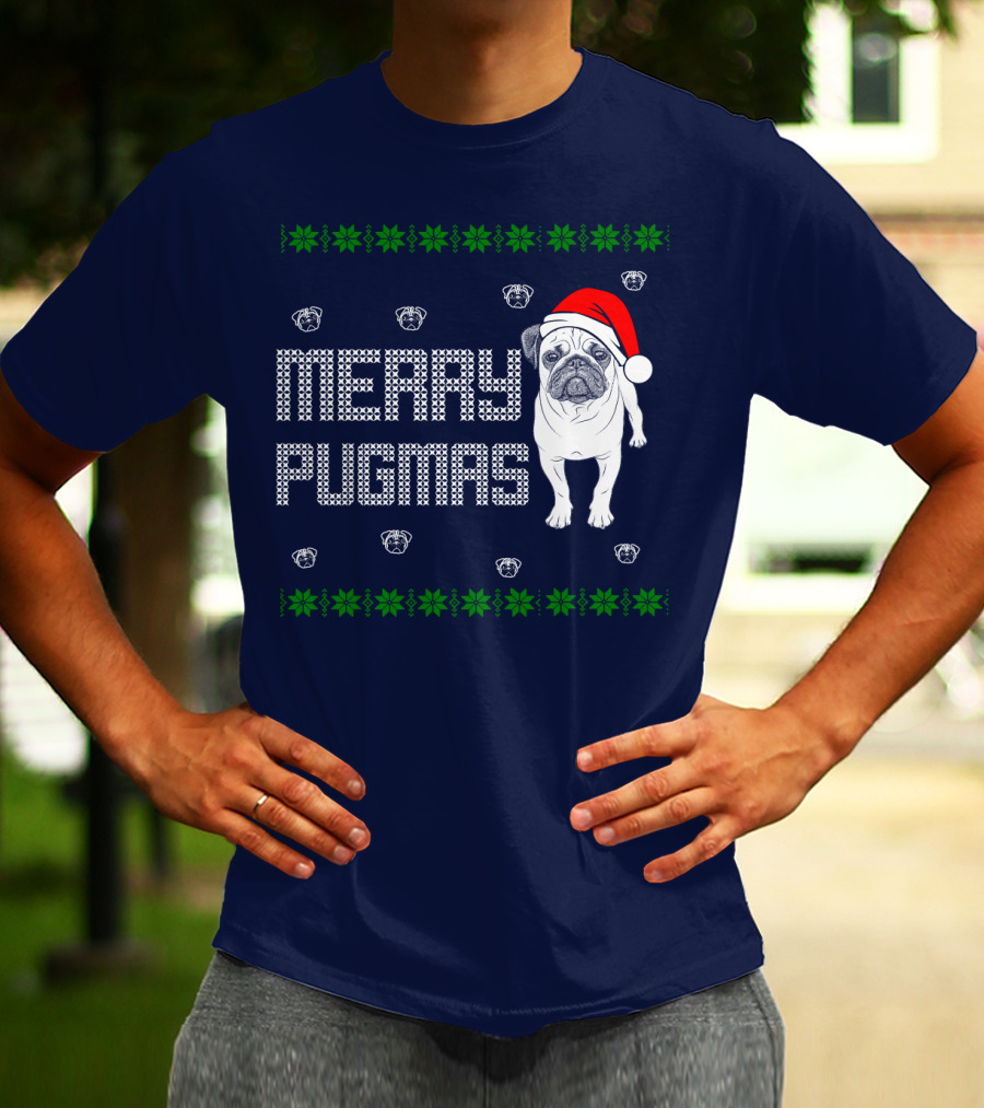 Merry Pugmas Festive Santa Hat Pug With Holiday Patterns And Green Poinsettias T-Shirt