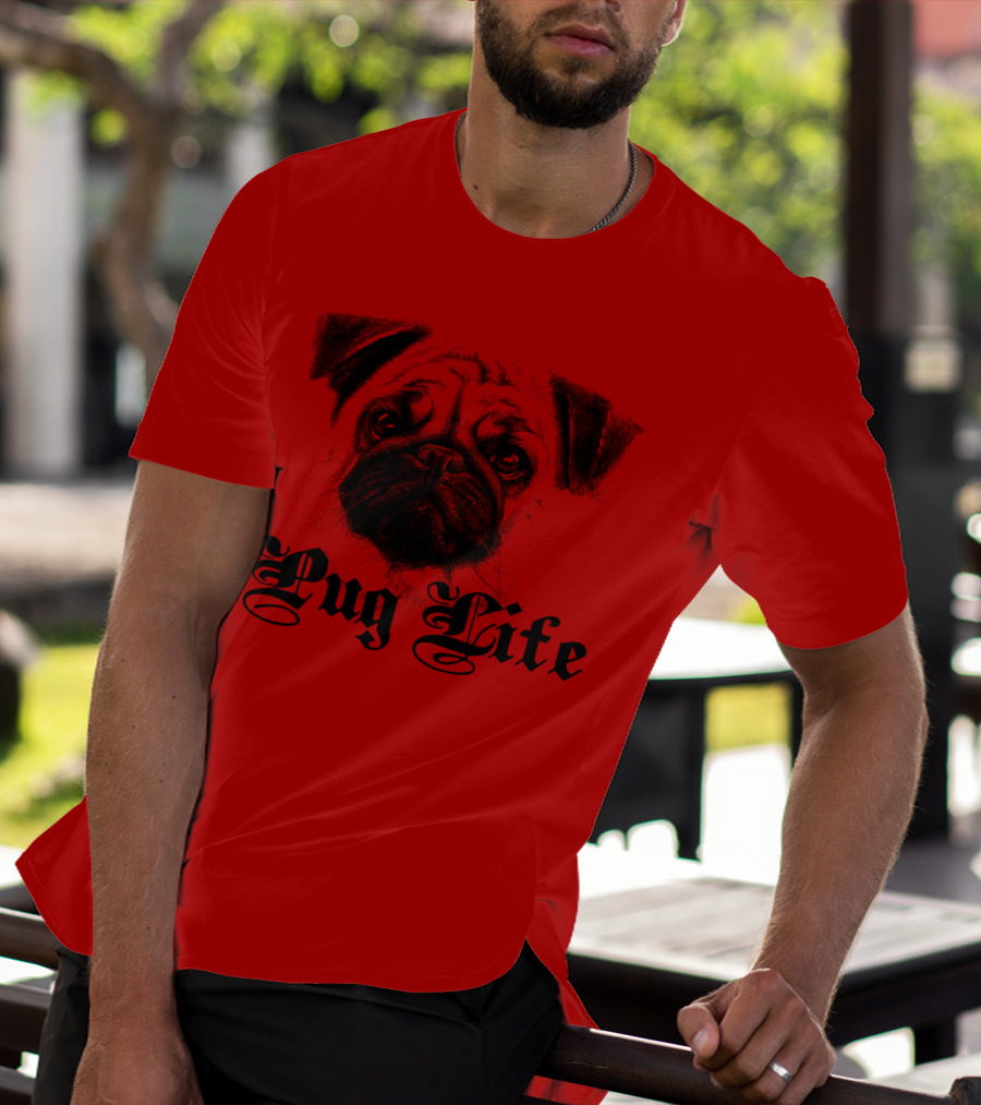 Pug Life Gothic Script With Realistic Pug T-Shirt