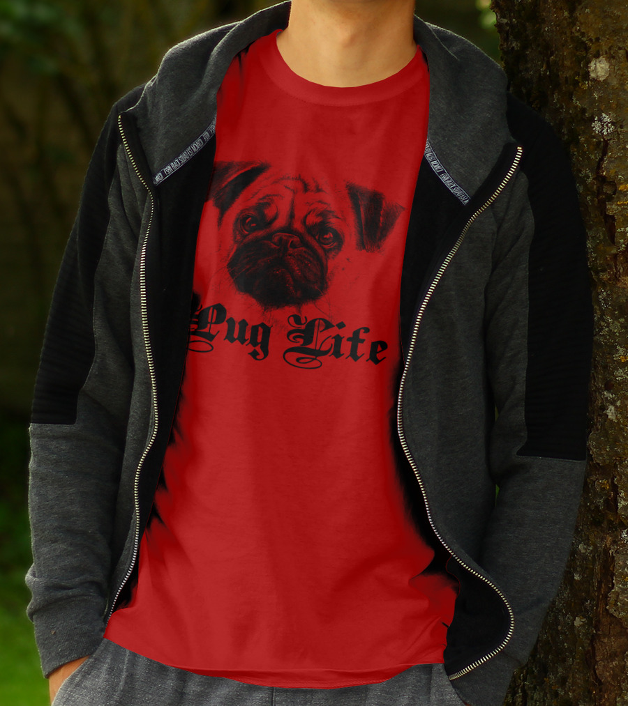 Pug Life Gothic Script With Realistic Pug T-Shirt