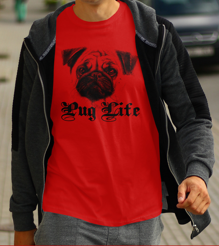 Pug Life Gothic Script With Realistic Pug T-Shirt