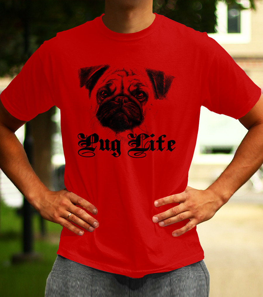Pug Life Gothic Script With Realistic Pug T-Shirt