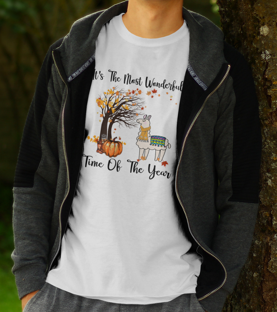 It's The Most Wonderful Time Of The Year Llama Autumn Leaves Pumpkin Tree T-Shirt