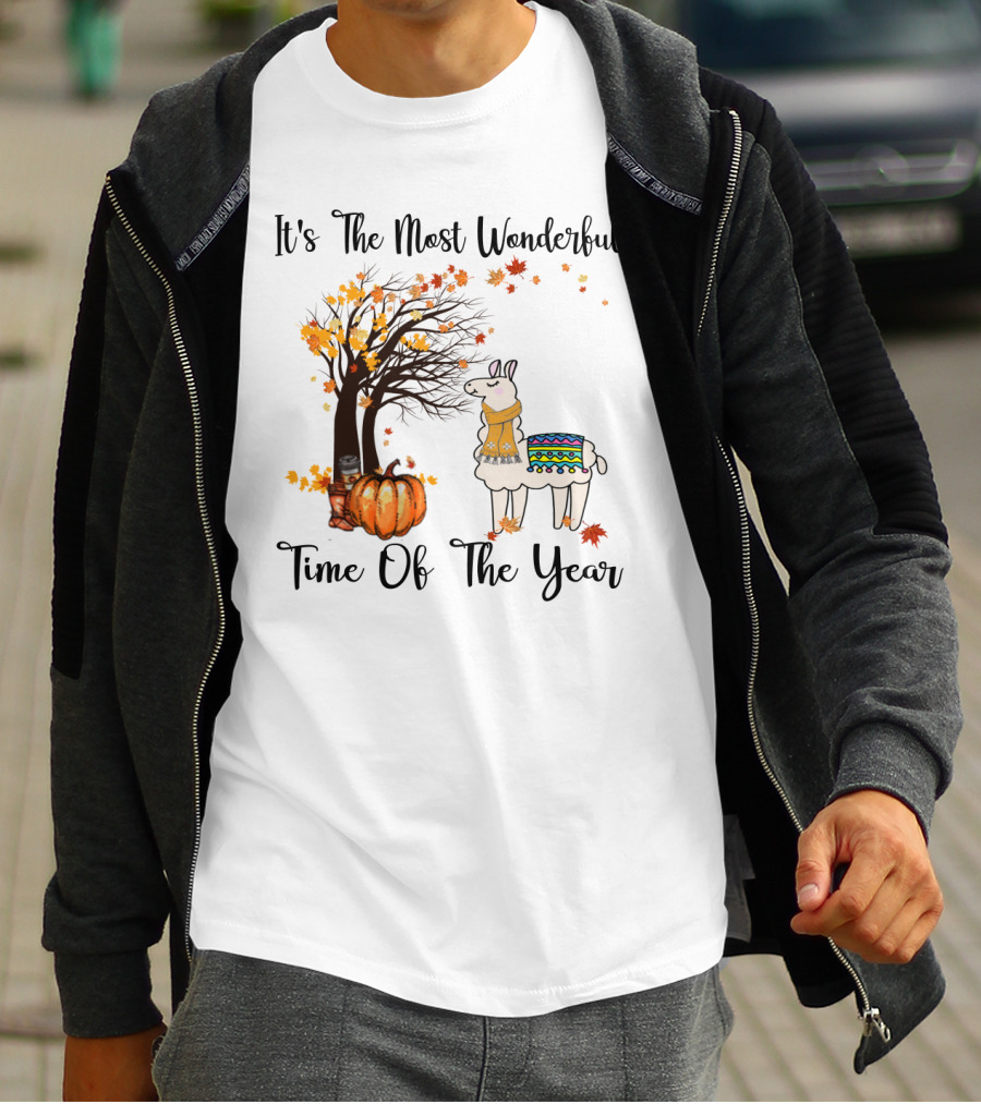 It's The Most Wonderful Time Of The Year Llama Autumn Leaves Pumpkin Tree T-Shirt