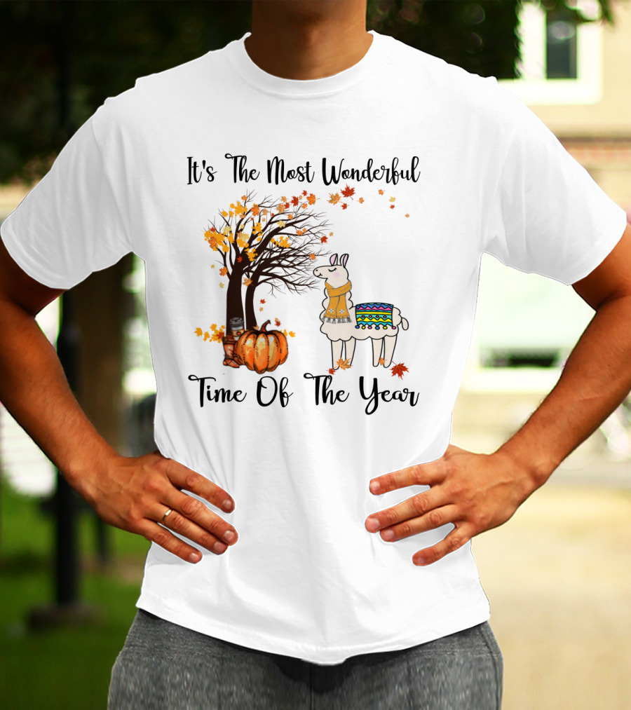 It's The Most Wonderful Time Of The Year Llama Autumn Leaves Pumpkin Tree T-Shirt