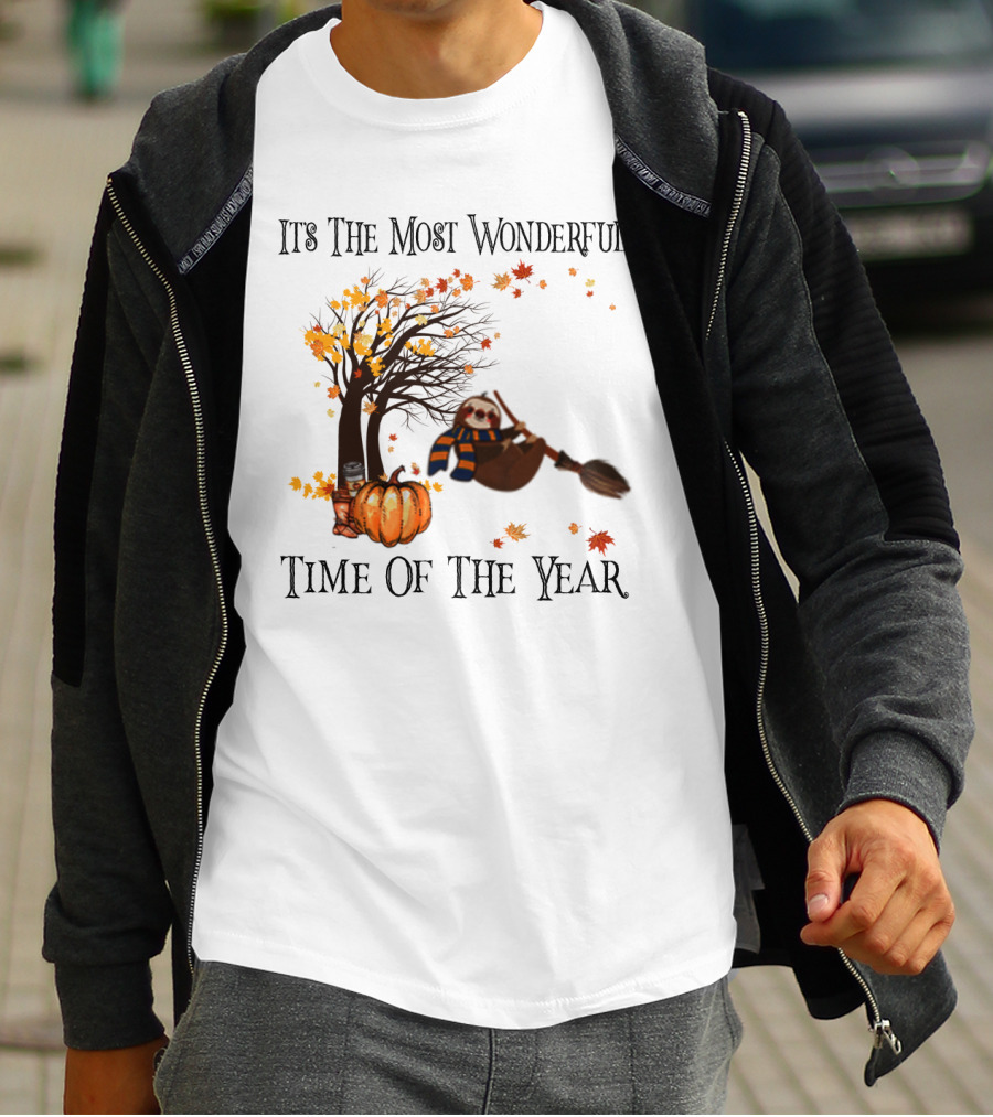 It's The Most Wonderful Time Of The Year Sloth Broom Pumpkin Autumn Leaves Tree T-Shirt