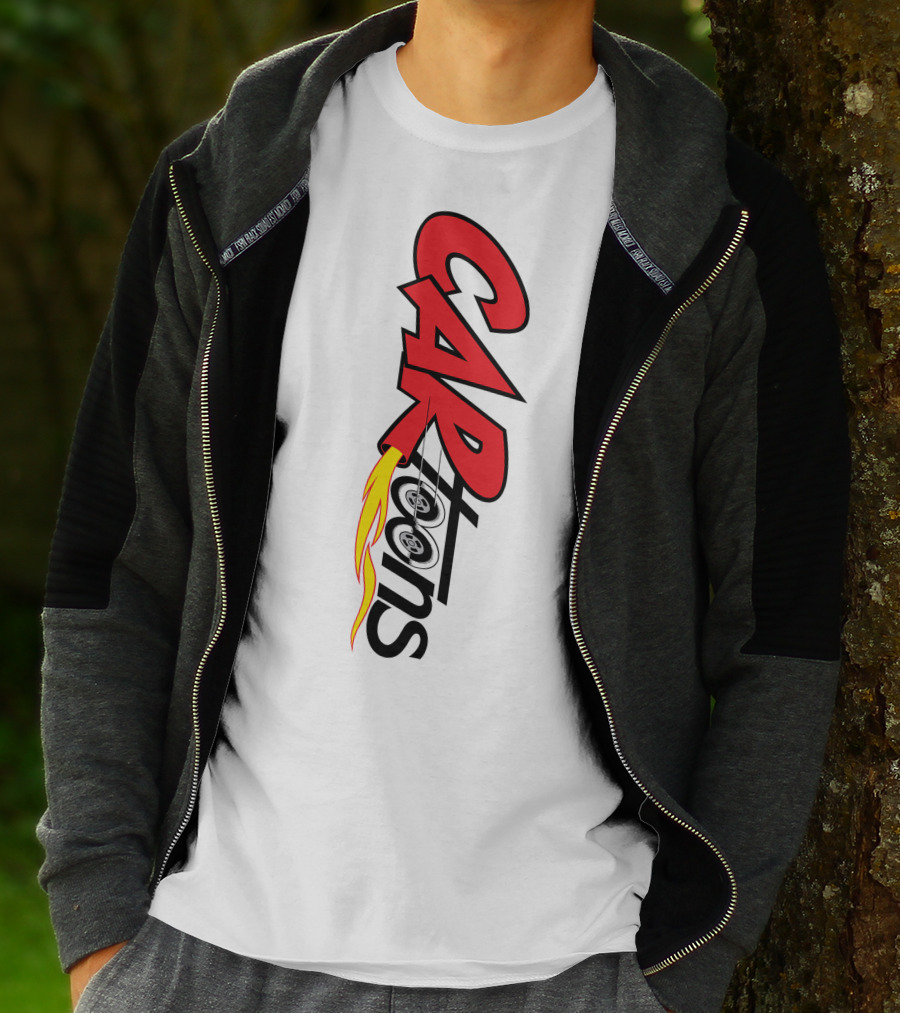 CARTOONS Red And Black Text With Flames And Wheel T-Shirt