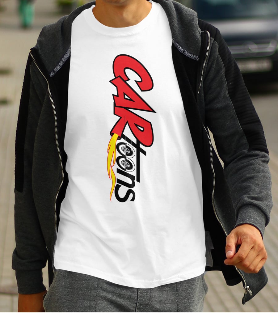 CARTOONS Red And Black Text With Flames And Wheel T-Shirt