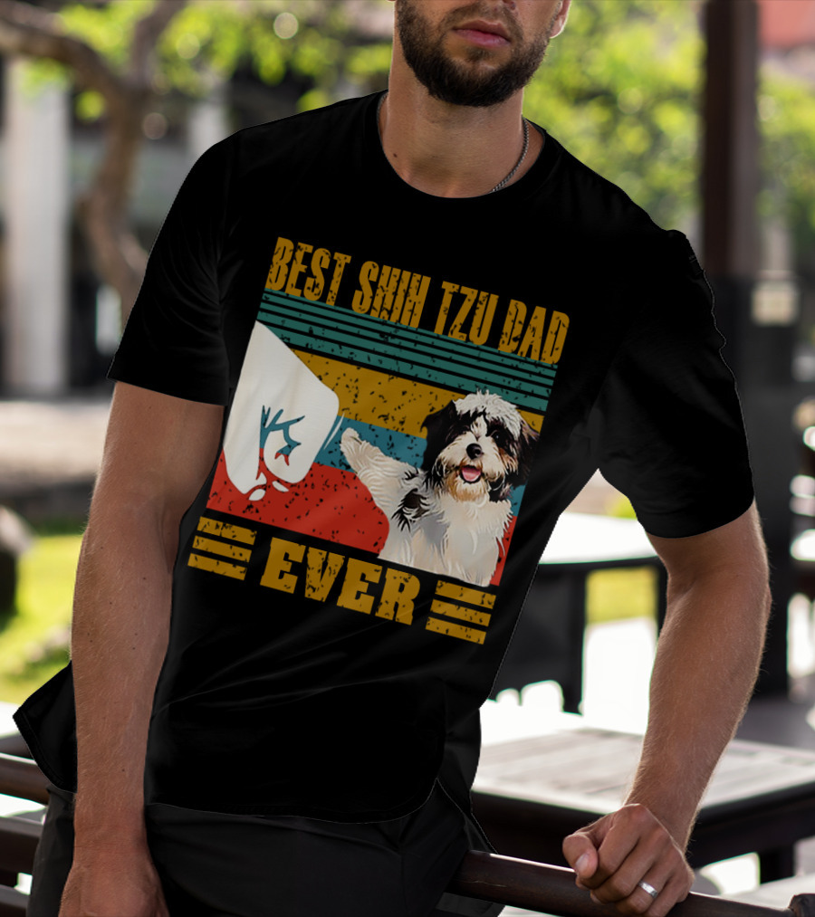 Best Shih Tzu Dad Ever Vintage Style Dog Paw Prints T-Shirt