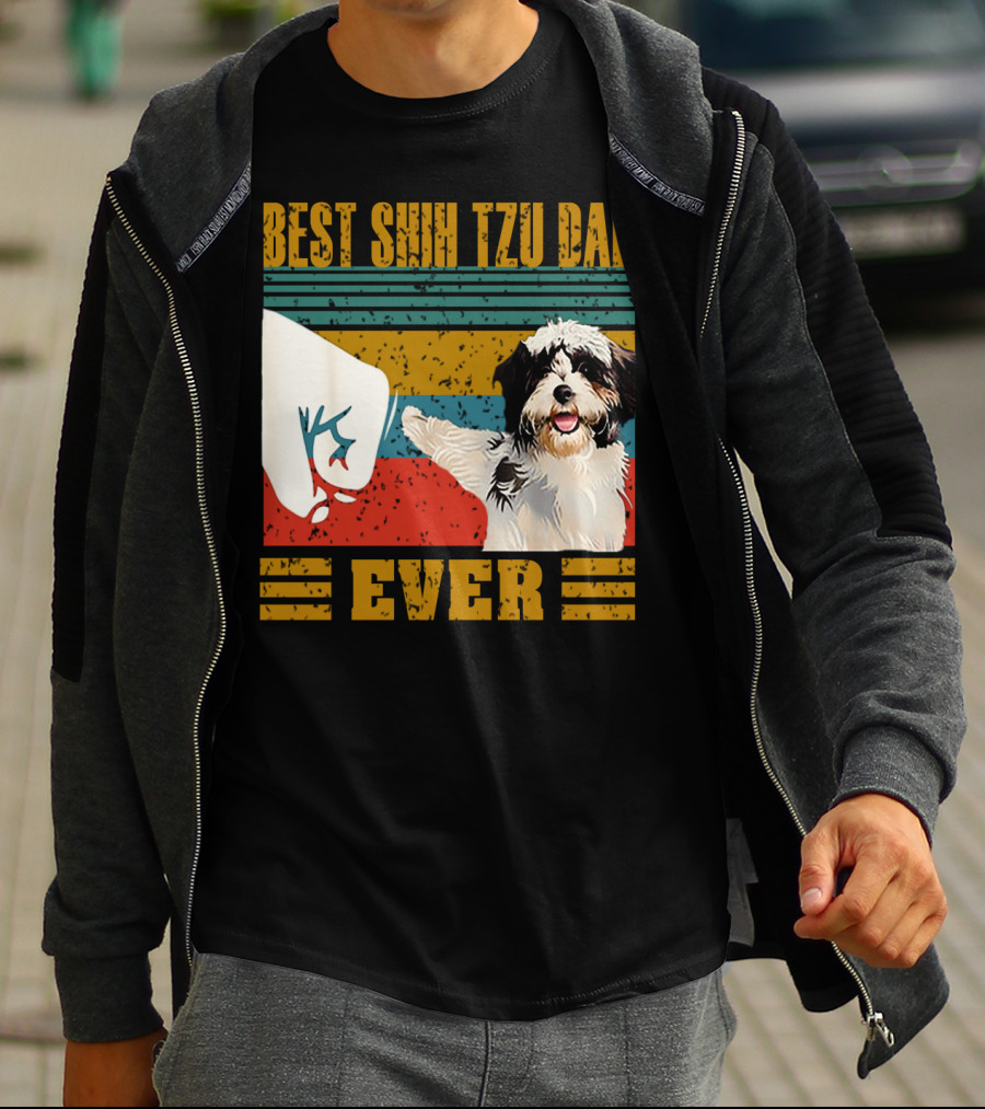 Best Shih Tzu Dad Ever Vintage Style Dog Paw Prints T-Shirt