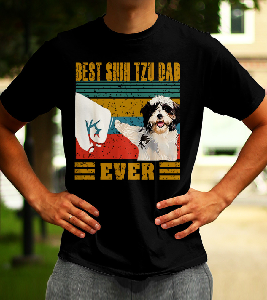 Best Shih Tzu Dad Ever Vintage Style Dog Paw Prints T-Shirt