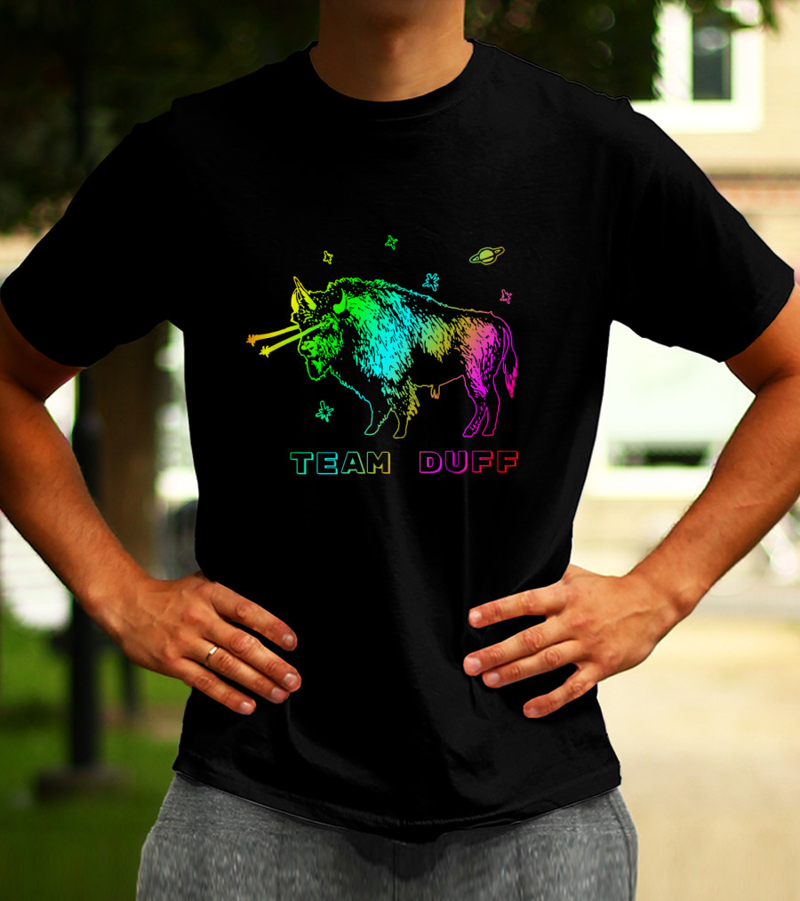 Team Duff Space Bison With Rainbow Laser Eyes And Stars T-Shirt