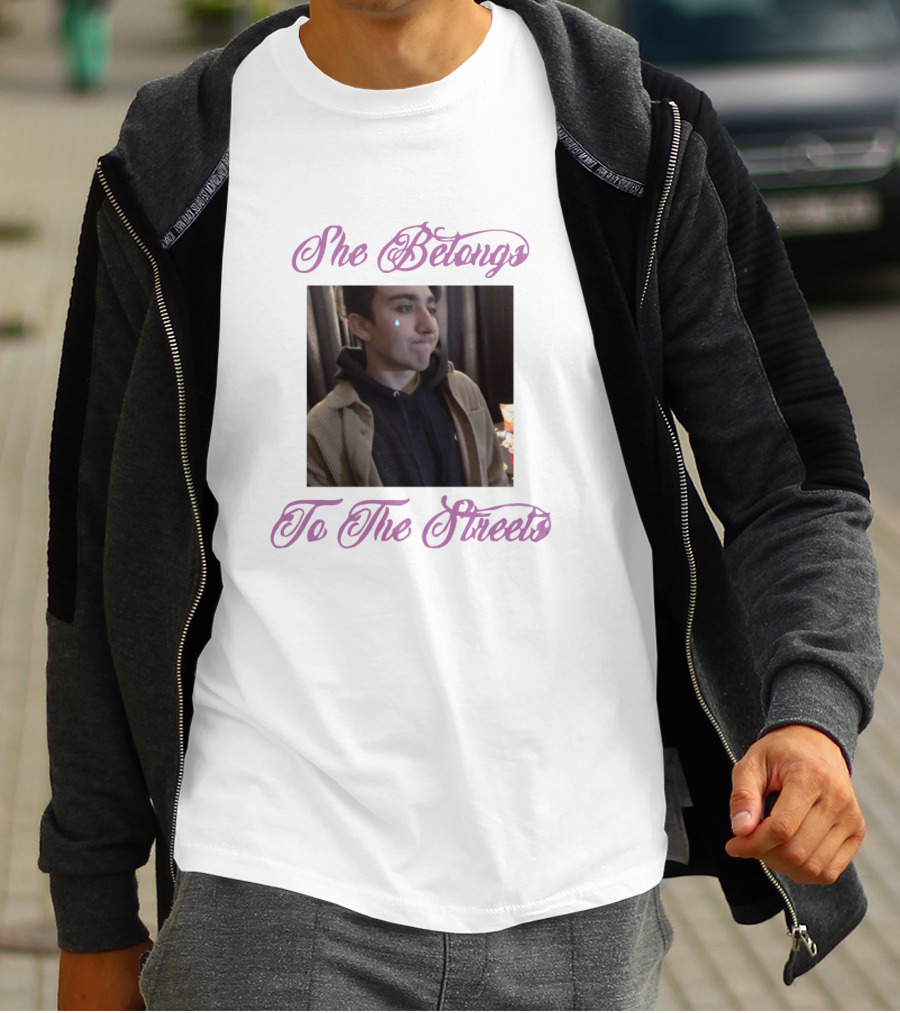 She Belongs To The Streets Photo Of Young Man Smirking In Hoodie And Jacket T-Shirt