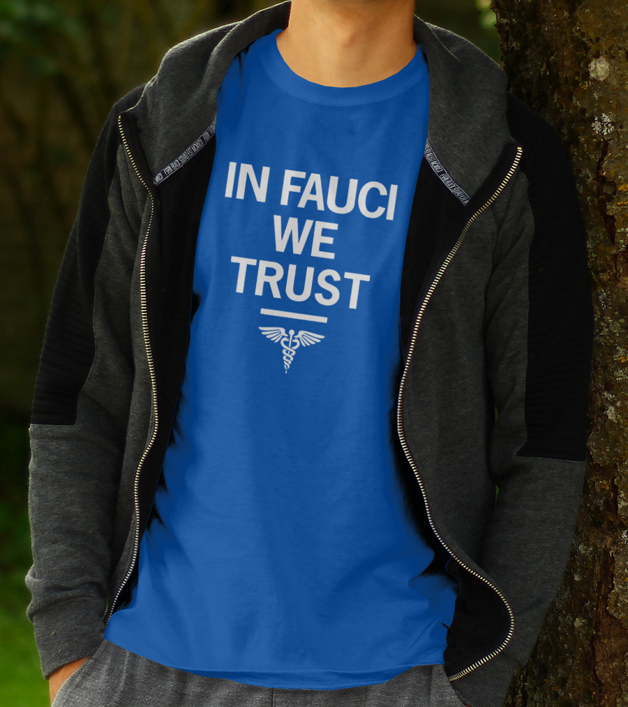 IN FAUCI WE TRUST Blue Caduceus Emblem T-Shirt