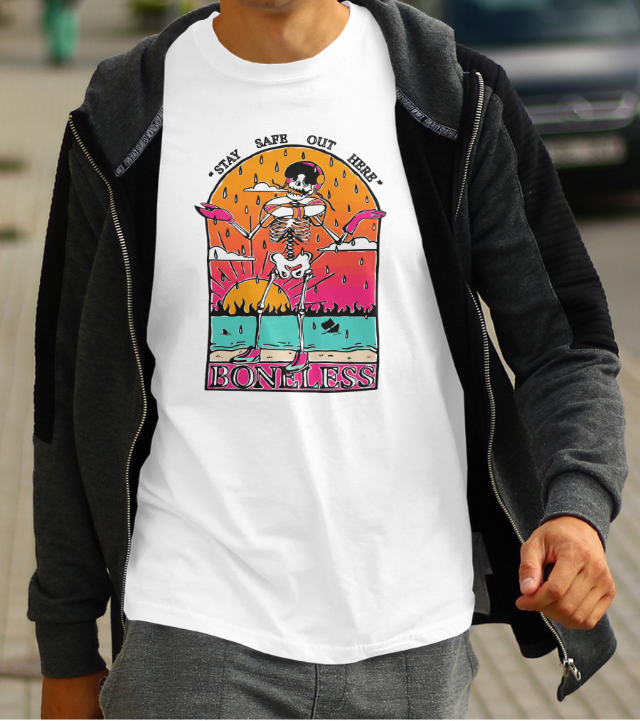 Stay Safe Out Here Boneless Sunset Skeleton Surfer T-Shirt