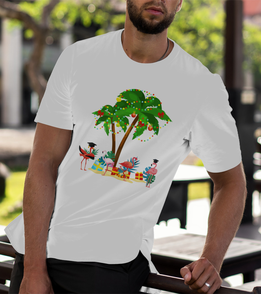 Tropical Christmas Flamingos Under Palm Tree With Gifts T-Shirt