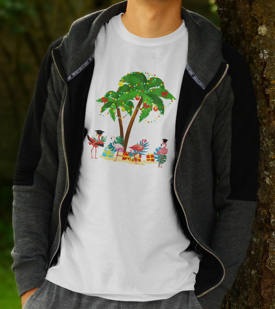 Tropical Christmas Flamingos Under Palm Tree With Gifts T-Shirt