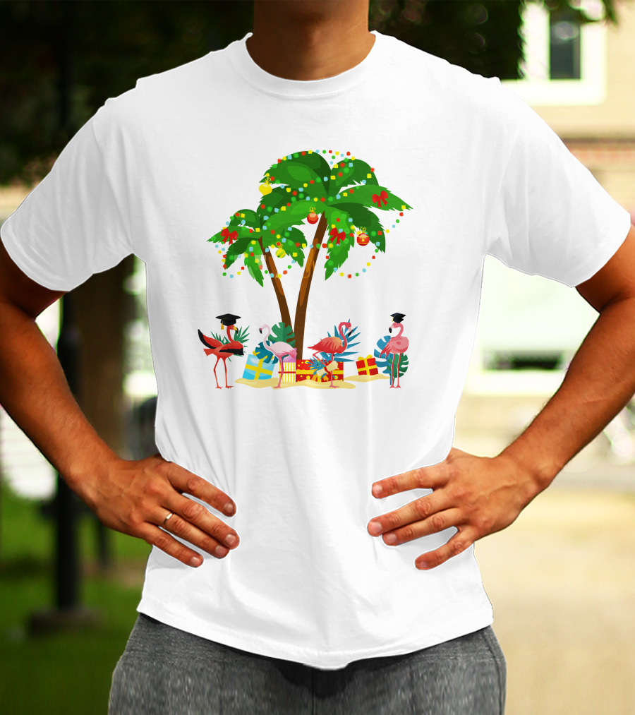 Tropical Christmas Flamingos Under Palm Tree With Gifts T-Shirt
