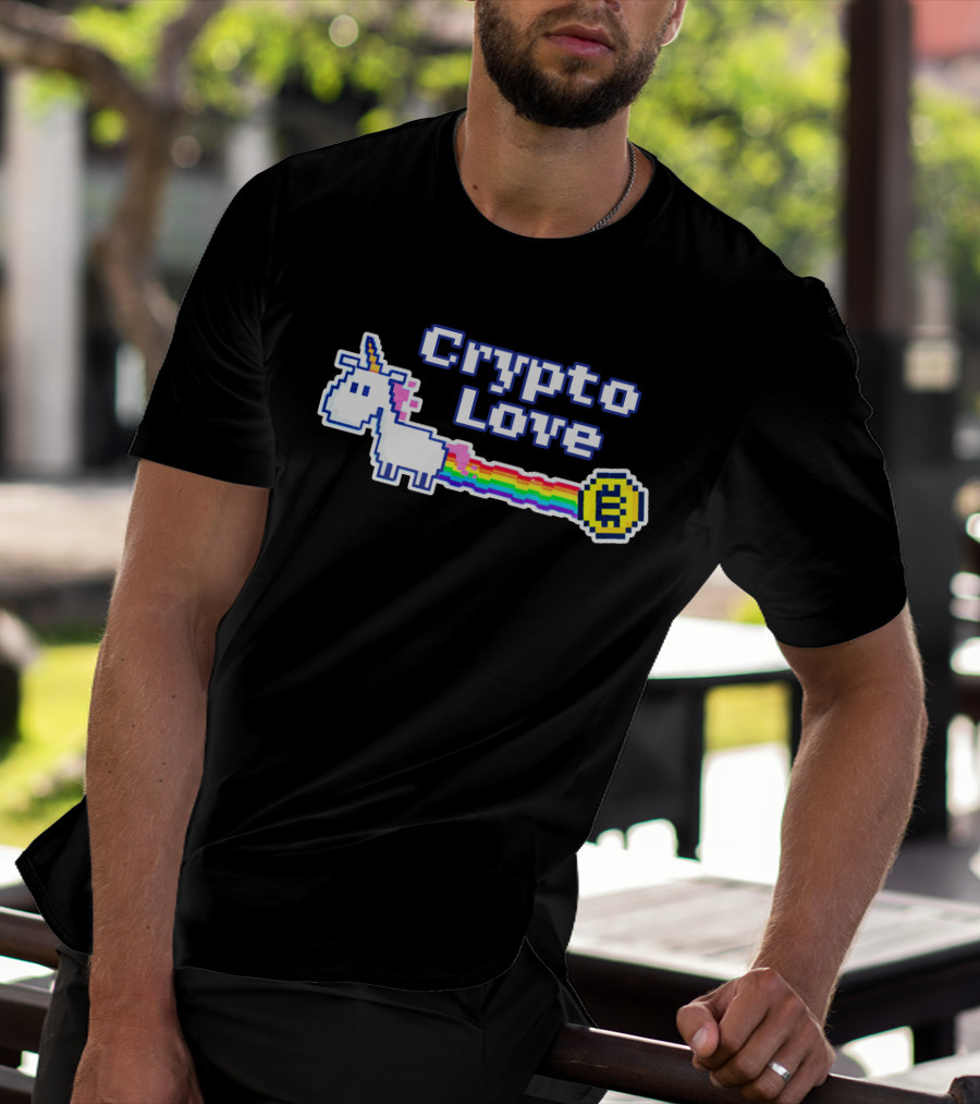 Crypto Love Unicorn Pixel Art Rainbow Coin T-Shirt