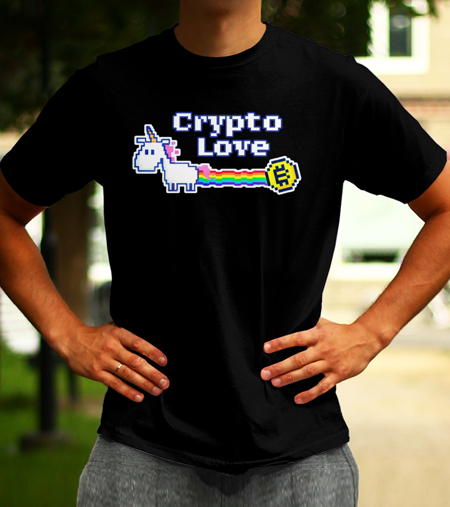 Crypto Love Unicorn Pixel Art Rainbow Coin T-Shirt