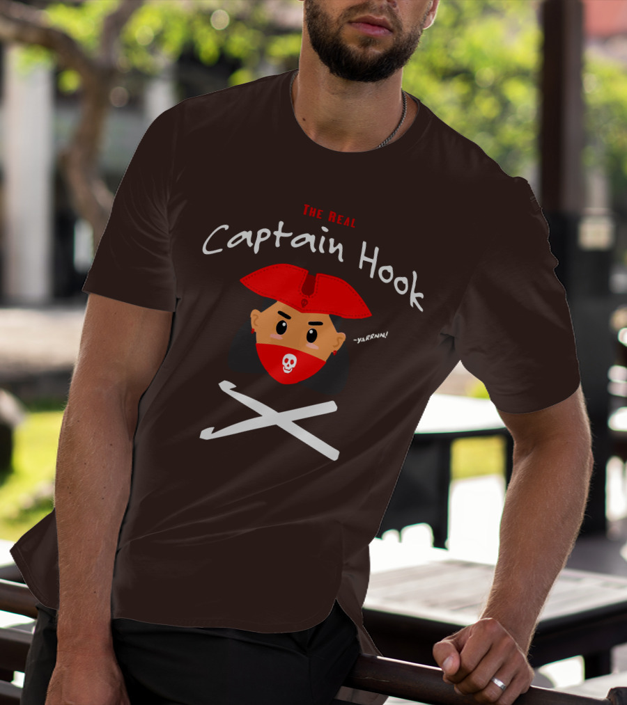 The Real Captain Hook Yarrnn Skull Red Hat Pirate Face Crossed Needles T-Shirt