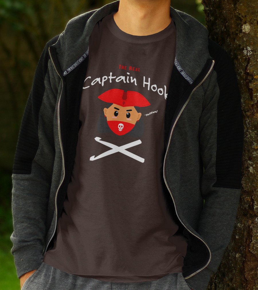 The Real Captain Hook Yarrnn Skull Red Hat Pirate Face Crossed Needles T-Shirt