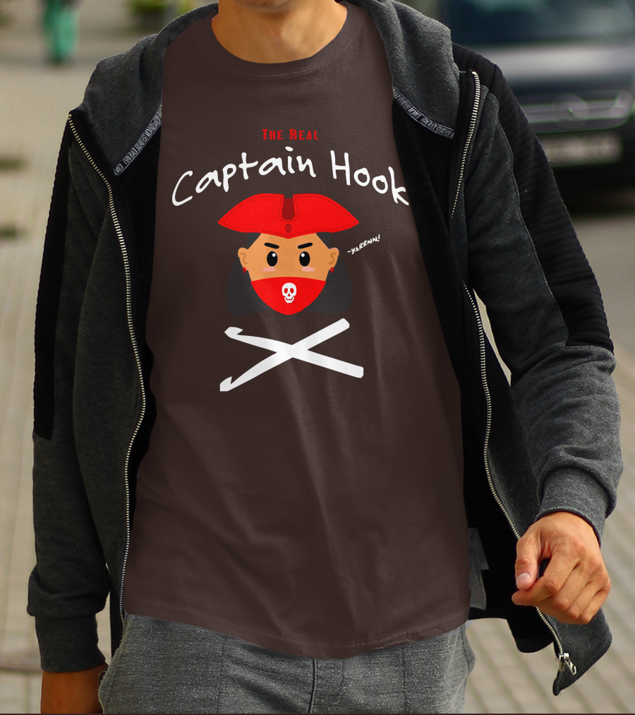The Real Captain Hook Yarrnn Skull Red Hat Pirate Face Crossed Needles T-Shirt