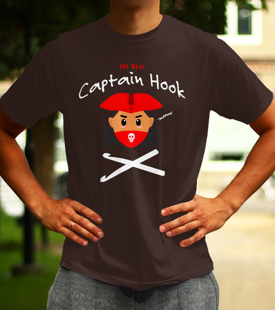 The Real Captain Hook Yarrnn Skull Red Hat Pirate Face Crossed Needles T-Shirt
