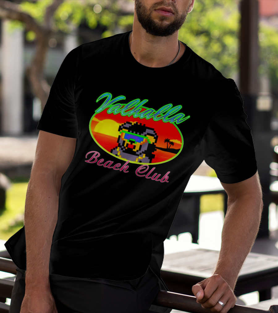 Valhalla Beach Club 80s Retro Pixel Sunset And Palm Trees T-Shirt