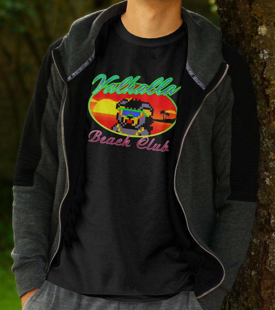 Valhalla Beach Club 80s Retro Pixel Sunset And Palm Trees T-Shirt